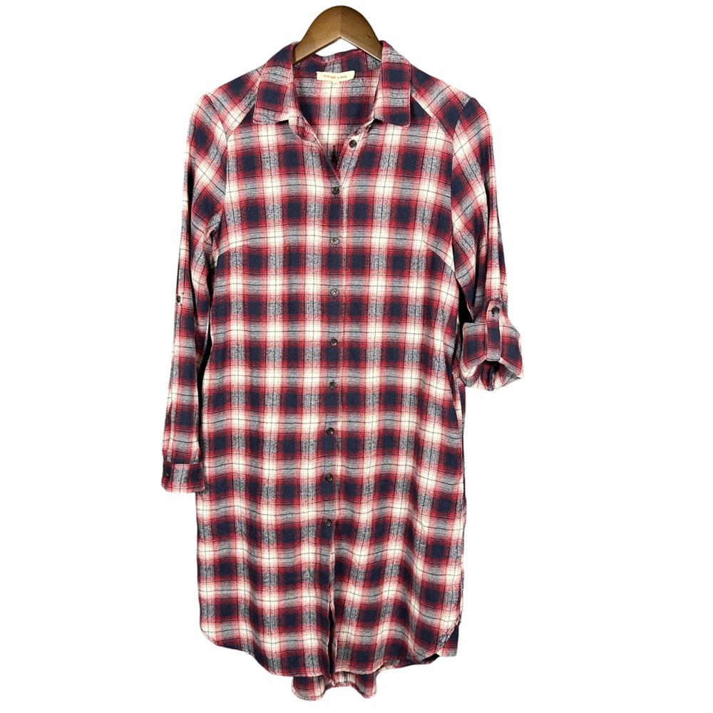 Orange‎ Creek Red Blue Plaid Flannel Button Up Shirt Dress S Cozy Fall